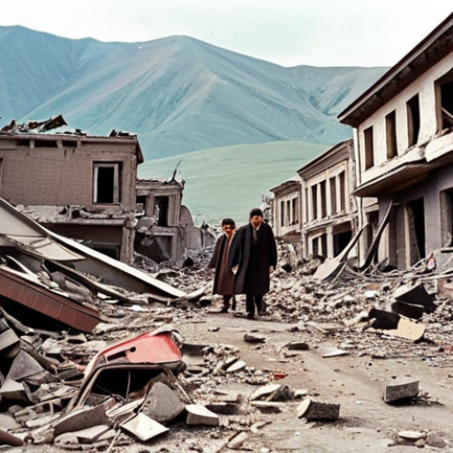 Home 19 **
>A desolate landscape of Spitak, Armenia immediately after the 1988 earthquake. Collapsed buildings and debris fill the scene. Desperate people search through the rubble, emphasizing the chaos and destruction.
**