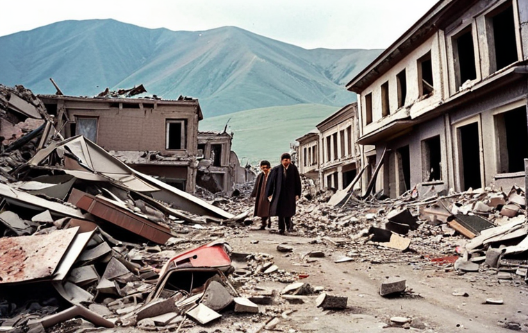 **

>A desolate landscape of Spitak, Armenia immediately after the 1988 earthquake. Collapsed buildings and debris fill the scene. Desperate people search through the rubble, emphasizing the chaos and destruction.

**