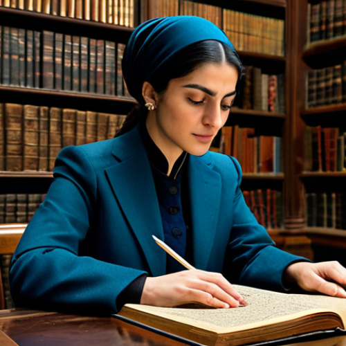 Home 18 A professional female historian, in modest business attire, carefully examining an ancient manuscript adorned with intricate Armenian and Persian miniature art patterns. She is seated at a polished wooden table in a dimly lit, grand library filled with antique books and architectural elements reminiscent of both Armenian khachkars and Persian mosque designs. The scene conveys a sense of scholarly discovery and cultural connection. Professional photography, high resolution, soft ambient lighting. safe for work, appropriate content, fully clothed, professional, perfect anatomy, correct proportions, natural pose, well-formed hands, proper finger count, natural body proportions.