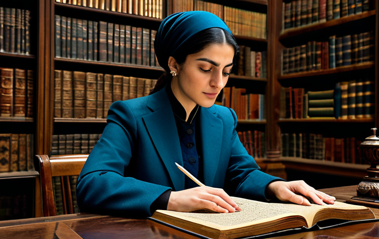 A professional female historian, in modest business attire, carefully examining an ancient manuscript adorned with intricate Armenian and Persian miniature art patterns. She is seated at a polished wooden table in a dimly lit, grand library filled with antique books and architectural elements reminiscent of both Armenian khachkars and Persian mosque designs. The scene conveys a sense of scholarly discovery and cultural connection. Professional photography, high resolution, soft ambient lighting. safe for work, appropriate content, fully clothed, professional, perfect anatomy, correct proportions, natural pose, well-formed hands, proper finger count, natural body proportions.