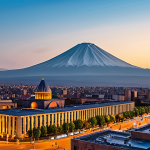 Yerevan Cityscape**

"A panoramic view of Yerevan, Armenia at sunset, showcasing Mount Ararat in the background, safe for work, appropriate content, fully clothed people strolling along the streets, enjoying the evening, modern buildings and traditional architecture blended seamlessly, warm color palette, professional photography, perfect anatomy, natural proportions, high resolution, family-friendly."

**