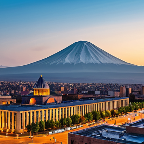 Home 17 Yerevan Cityscape**
"A panoramic view of Yerevan, Armenia at sunset, showcasing Mount Ararat in the background, safe for work, appropriate content, fully clothed people strolling along the streets, enjoying the evening, modern buildings and traditional architecture blended seamlessly, warm color palette, professional photography, perfect anatomy, natural proportions, high resolution, family-friendly."
**