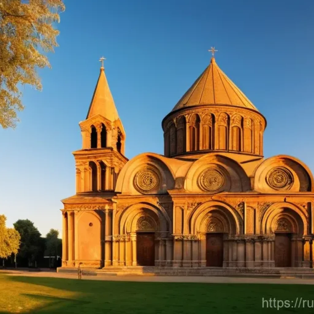에치미아진 성당 역사 - **Prompt:** "A panoramic, wide-angle shot of the Etchmiadzin Cathedral at sunrise, bathed in soft, g...