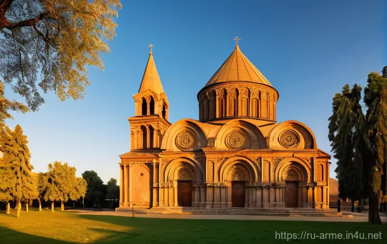 에치미아진 성당 역사 - **Prompt:** "A panoramic, wide-angle shot of the Etchmiadzin Cathedral at sunrise, bathed in soft, g...