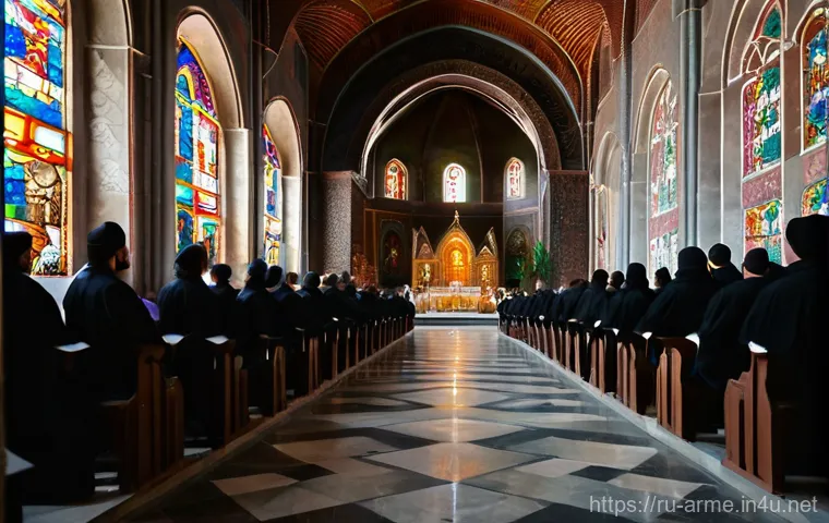 에치미아진 성당 역사 - **Prompt:** "A panoramic, wide-angle shot of the Etchmiadzin Cathedral at sunrise, bathed in soft, g...
