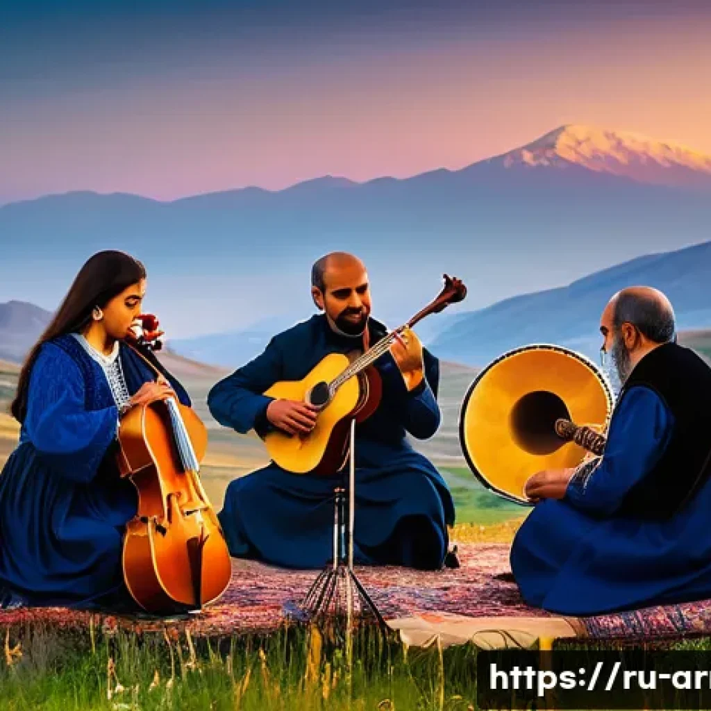 아르메니아 노래 페스티벌 - A vibrant outdoor Armenian music festival scene set among picturesque Armenian mountains at sunset, ...