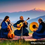 Home 20 아르메니아 노래 페스티벌 - A vibrant outdoor Armenian music festival scene set among picturesque Armenian mountains at sunset, ...