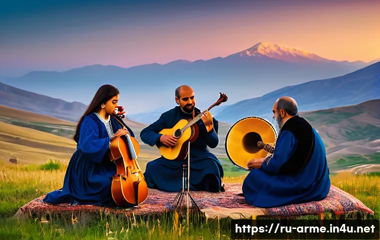 아르메니아 노래 페스티벌 - A vibrant outdoor Armenian music festival scene set among picturesque Armenian mountains at sunset, ...