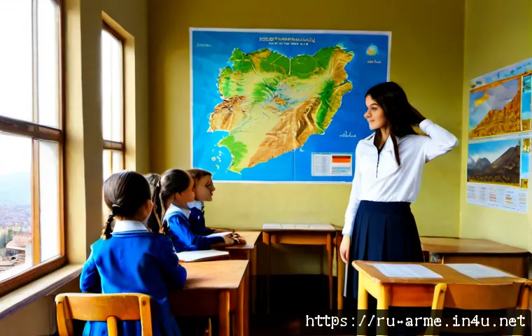 아르메니아 학교 교육 시스템 - Photorealistic Armenian primary school classroom in Yerevan, diverse children in neat school uniform...