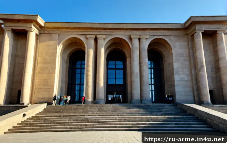 Home 17 아르메니아 국립박물관 탐방 - Photorealistic exterior of the Armenian National Museum in Yerevan, grand pale tuff-stone façade and...